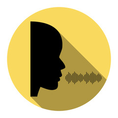 People speaking or singing sign. Vector. Flat black icon with flat shadow on royal yellow circle with white background. Isolated.