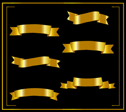 Set of gold ribbons. Ribbon on a black background. Vector illustration. Golden ribbons various forms.