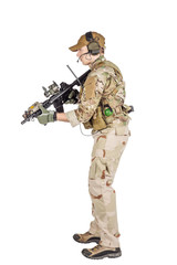 Portrait soldier or private military contractor holding automatic rifle. war, army, weapon, technology and people concept. Image on a white background.
