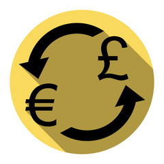 Fototapeta premium Currency exchange sign. Euro and UK Pound. Vector. Flat black icon with flat shadow on royal yellow circle with white background. Isolated.