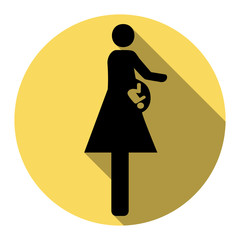 Women and baby sign. Vector. Flat black icon with flat shadow on royal yellow circle with white background. Isolated.