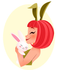 Easter bunny girl illustration. Young smiling girl wearing bunny ears hugs bunny