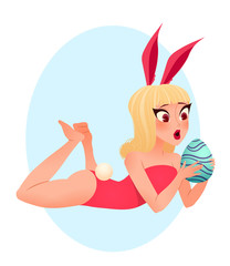 Easter bunny girl illustration. Young smiling girl wearing bunny ears holding a big egg