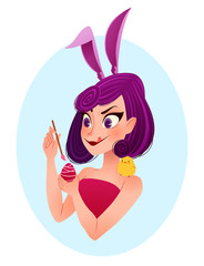 Easter bunny girl illustration. Young smiling girl wearing bunny ears decorating an egg