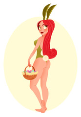 Easter bunny girl illustration. Young smiling girl wearing bunny ears holding a basket with eggs
