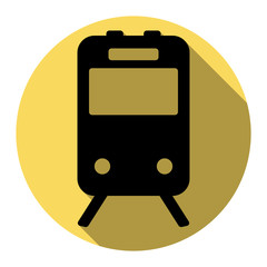 Train sign. Vector. Flat black icon with flat shadow on royal yellow circle with white background. Isolated.
