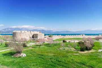 Fototapeta na wymiar View of Patras Rion castle and Rio Antirrio bridge, Greece