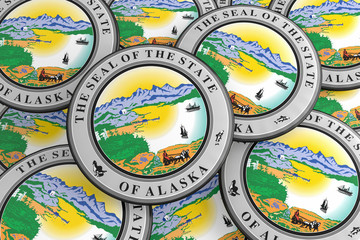 US State Buttons: Pile of Alaska Seal Badges, 3d illustration