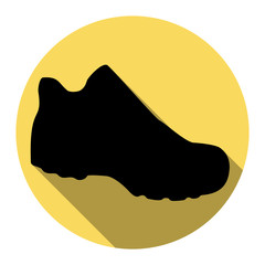 Boot sign. Vector. Flat black icon with flat shadow on royal yellow circle with white background. Isolated.