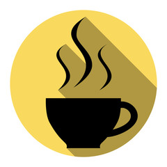 Cup of coffee sign. Vector. Flat black icon with flat shadow on royal yellow circle with white background. Isolated.