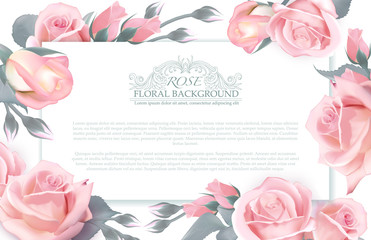 Botanical horizontal banner with roses. Vector concept for beauty salon, spa, health care, hand made soap. Desing for greeting card, voucher or wedding invitation etc.