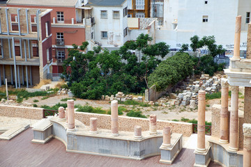 Fototapeta na wymiar Roman amphitheater and ruins in Cartagena city, region of Murcia, Spain.