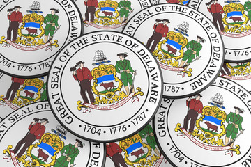 US State Buttons: Pile of Delaware Seal Badges, 3d illustration