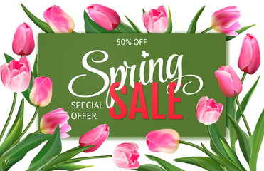 Spring Sale banner with pink tulips. Vector illustration.