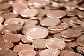 Cents of euro or copper coins. Selective focus.