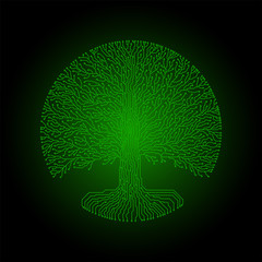 Hi-tech circuit style round yggdrasil tree. Cyberpunk futuristic design.