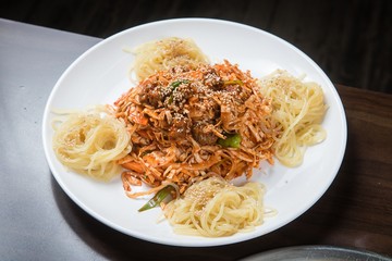 Spicy Freshwater Snails with Thin Noodles, 골뱅이소면