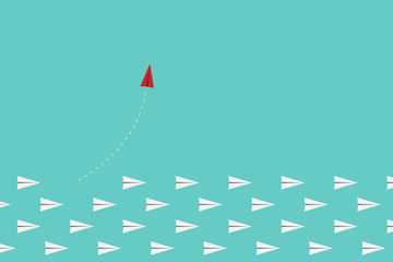 Minimalist stile red airplane changing direction and white ones. New idea, change, trend, courage, creative solution, innovation and unique way concept.