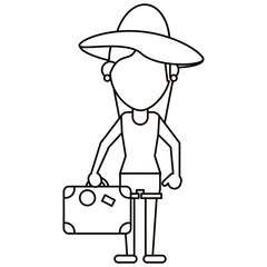 traveler woman hat suitcase thin line vector illustration eps 10