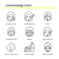 Cosmetology icons set: darsonvalization, laser cosmetology, lifting, cleansing the skin, massage, beauty injections, aesthetic procedures, beauty products and treatment