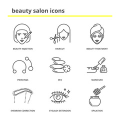 Beauty salon icons set: injection, haircut, treatment, piercings, spa, manicure, eyebrow correction, eyelashes extension, epilation