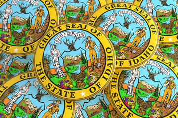 Fototapeta na wymiar US State Buttons: Pile of Idaho Seal Badges, 3d illustration