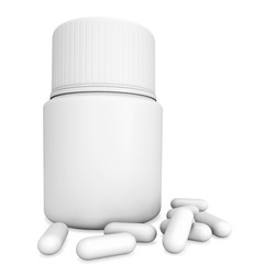 Blank plastic bottle of pills. 3D render illustration isolated on white background. Medical drug pharmacy care and tablet pills antibiotic pharmaceutical