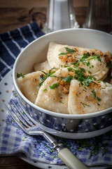 Dumplings with meat, onion and bacon.