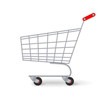 Supermarket Shopping Cart Vector. Empty Classic Chrome Cart Trolley Or Basket Isolated