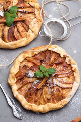 Biscuit with apples, cinnamon, granulated sugar and ginger, crumpled top view.