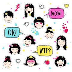 Set of cute patch badges. Girl emoji with different emotions and hairstyles. Kawaii emoticons, speech bubbles ok, wow, wtf. Set of stickers, pins in anime style. Isolated vector illustration.