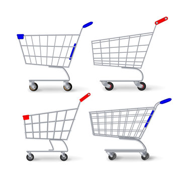 Supermarket Shopping Cart Vector. Set Empty Classic Chrome Cart Trolley Or Basket Isolated