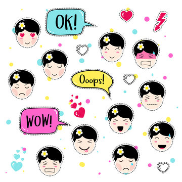 Set of cute patch badges. Girl emoji with different emotions and hairstyles. Kawaii emoticons, speech bubbles ok, ooops, wow. Set of stickers, pins in anime style. Isolated vector illustration.
