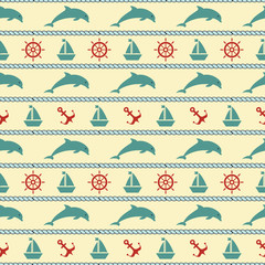 Maritime mood, Seamless nautical pattern with dolphin and seaworthy symbols