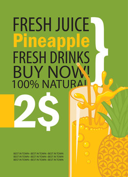 vector banner with pineapple, glass of juice and text on green background