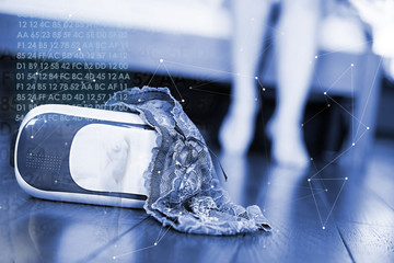 Virtual sex concept. Virtual reality glasses for mobile devices with lingerie on top, and women legs on background. vr technology used for porn video in adult entertainment