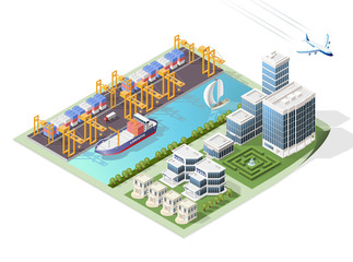 Set of Isolated High Quality Isometric City Elements . Harbor with Shadows on White Background