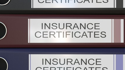 Vertical stack of multicolor office binders with Insurance certificates tags 3D rendering