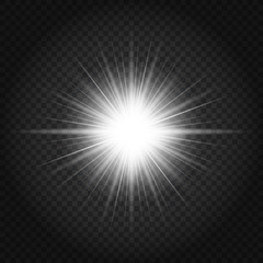 Glow light effect. Sun with rays and glow on transparent black background. Starburst with sparkles on dark backdrop. Vector illustration of abstract flare ray light. 