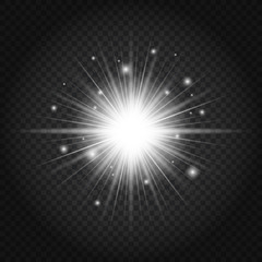 Sun with rays and glow on transparent black background. Starburst with magic sparkles on dark backdrop. Glow light effect. Vector illustration of abstract white flare ray light. 