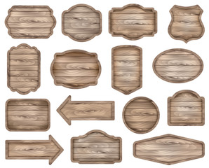 Wooden stickers, label collection. Set №8 of various shapes wooden sign boards for sale, price and discount banners, badges isolated on white background. Vector realistic illustration. 