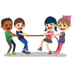 Cute little children playing with rope tug of war having fun