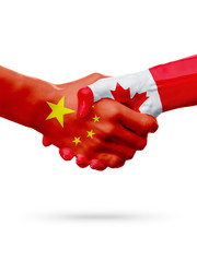 Flags China, Canada countries, partnership friendship handshake concept. 3D illustration
