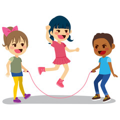Cute little children playing rope jumping together having fun