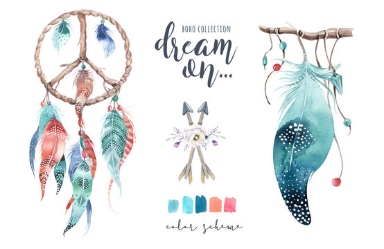 Isolated Watercolor decoration bohemian dreamcatcher. Boho feathers. Native dream chic design. Mystery etnic tribal print. Tribal american culture.