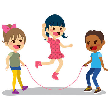Cute little children playing rope jumping together having fun
