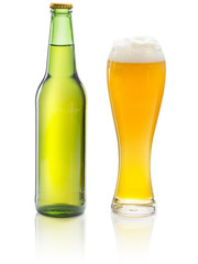 beer bottle and glass isolated on white background