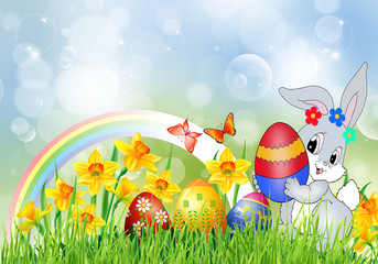Easter Bunny with Daffodils Eggs and butterflies