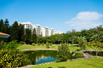 Quiet spring park with lake.