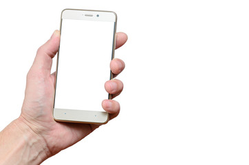 hand holding a phone isolated on a white background, located to the left up
